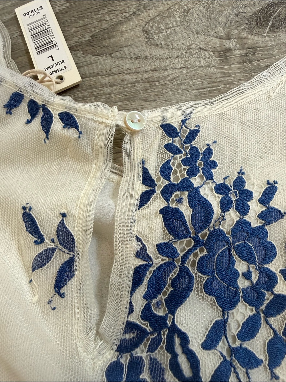 Max Studio Lace Cream Tank with Blue Floral Embroidery - Dressy - Picture 3 of 6